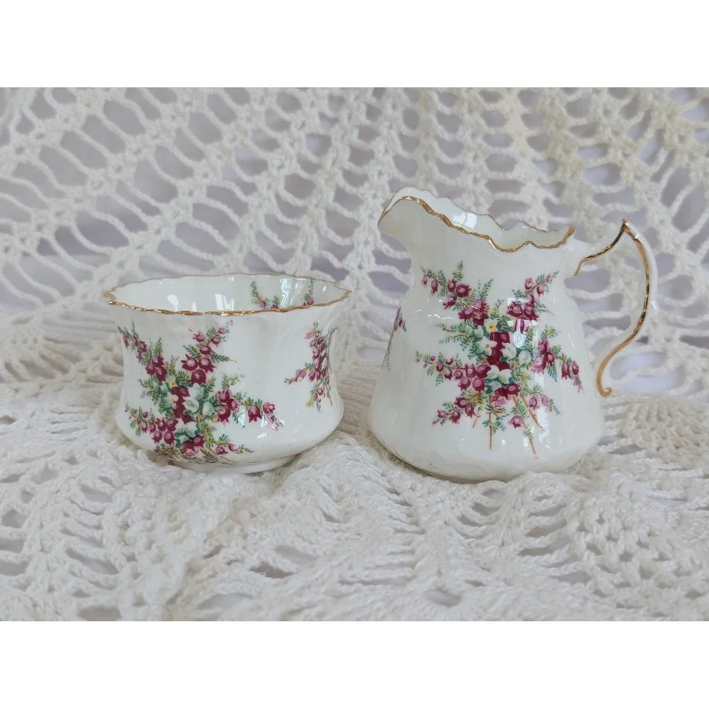 Hammersley China Cream and Sugar Set Pink Heather Gold Trim 4060 Made in England